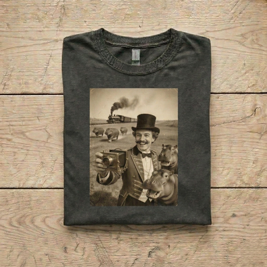 The "1915 Circus Ringmaster & Hippo Selfie" Vintage Tee